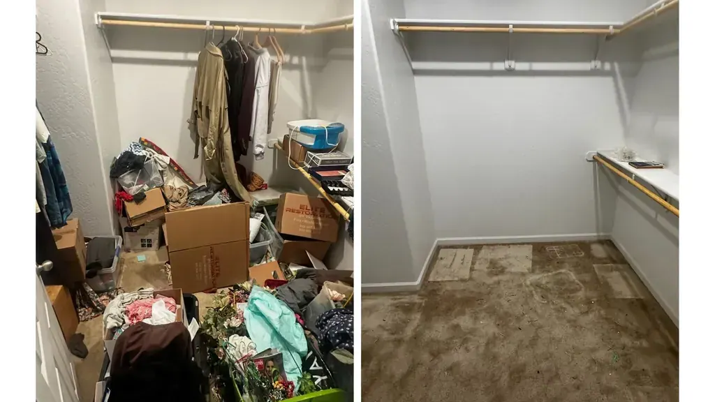 A walk-in closet packed with boxes; bins and clothing; and the same closet emptied to bare shelves