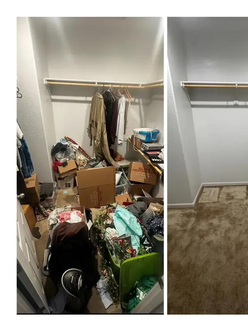 A walk-in closet packed with boxes; bins and clothing; and the same closet emptied to bare shelves