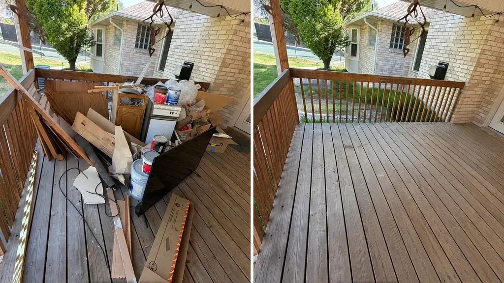 A covered deck stacked with lumber; doors; paint tins; an old stove front and a flat-screen television; and the same deck cleared