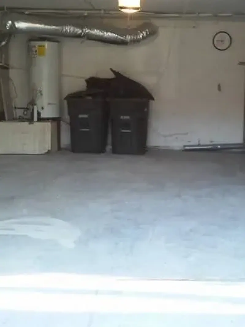 The same garage swept clean; with the floor and shelving clear again