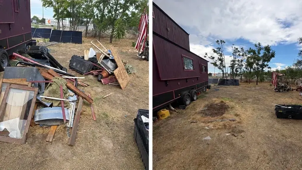Scrap lumber; a window frame; plywood and sheet metal stacked on a dirt lot beside a trailer; and the same lot cleared