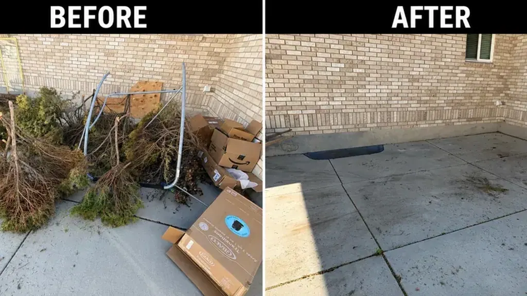 A patio piled with uprooted shrubs; cardboard boxes and metal poles; and the same patio swept clear